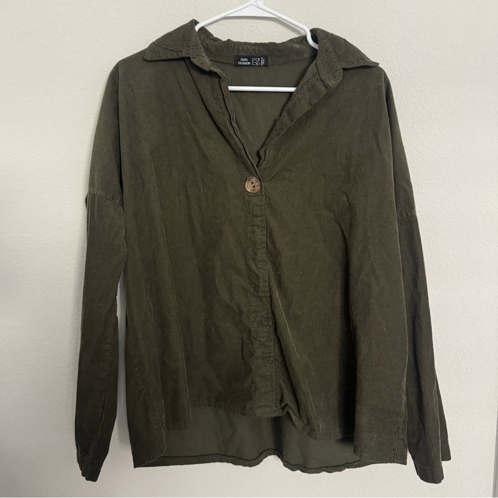 Made in Italy Cotton Olive Green Corduroy Button Up Shirt